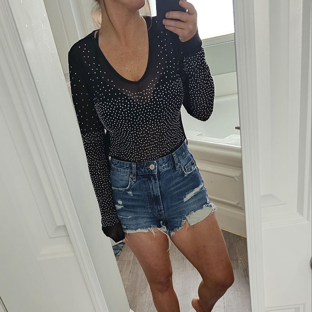 Barbedrose Studded Long Sleeve Mesh Bodysuit
